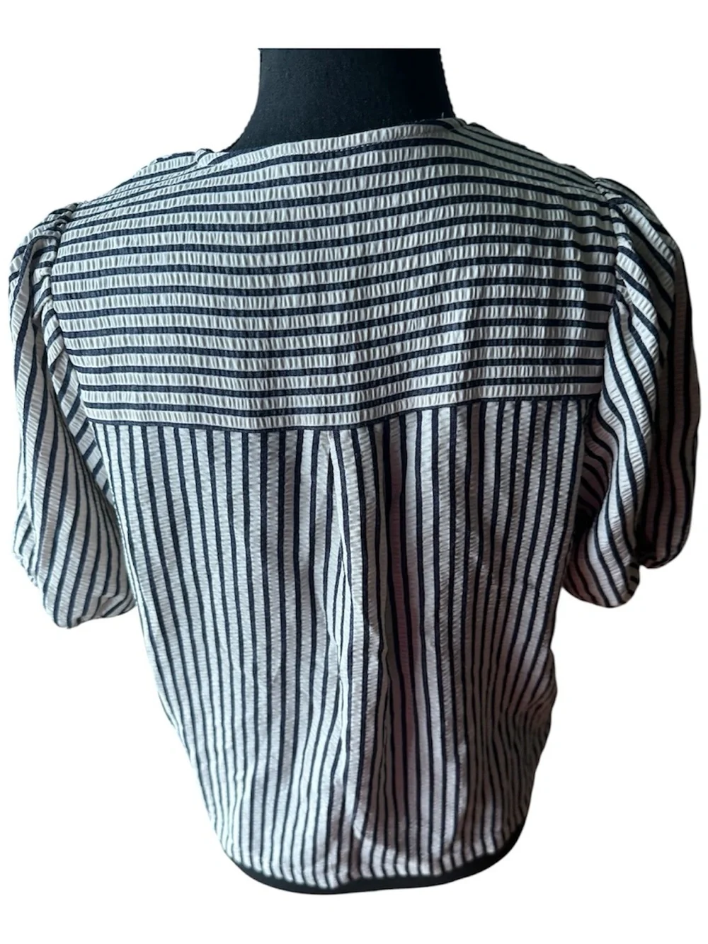 Zara Navy Ecru Stripe Puff Sleeve Tie Front Plunge Blouse Chic Top Size S